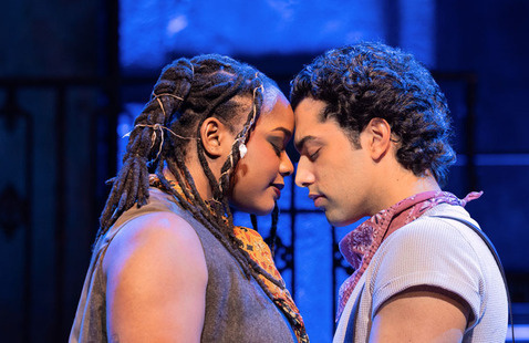 Two cast members of Hadestown put their heads together