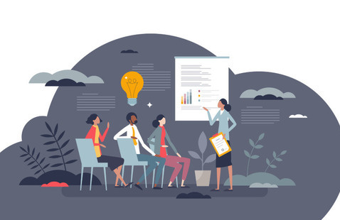 three people watching a fourth person give a lecture, there is a large lightbulb above the three peoples heads, indicating they are learning something new