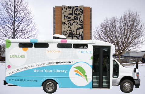Bookmobile sitting in front of the Jerome LIbrary