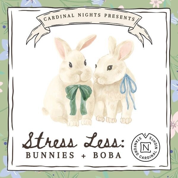a floral background with two bunnies in the center. Event says: Stress Less: Bunnies and Boba