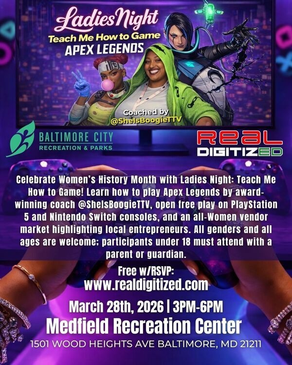 Mar 28, 2026: Ladies' Night: Teach Me How to Game - Apex Legends Edition at Medfield Recreation Center thumbnail image