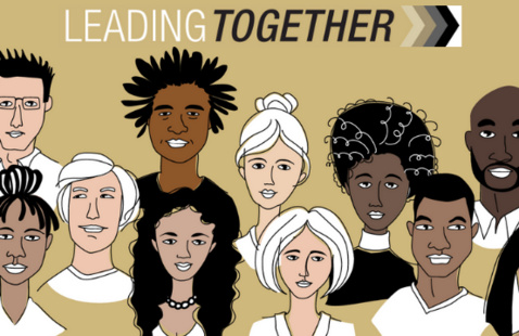 Drawings of people under the words Leading Together