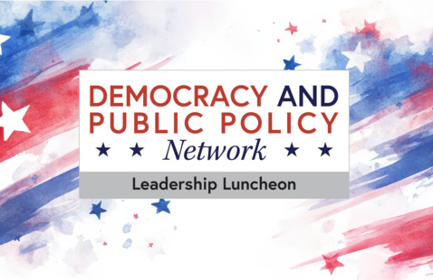 a red white and blue background with stars reading "democracy and public policy network"