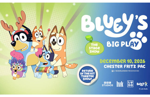 Illustration of family from Bluey tv show with text: Bluey's Big Play, the stage show, December 10, 2026, return of the hit theater show