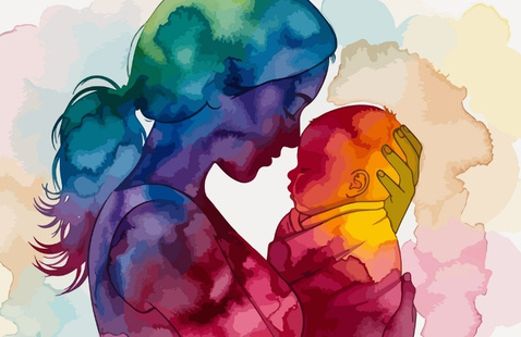 Modern watercolor style illustration of mother and baby, representing love and tenderness, perfect for pregnancy and family themes