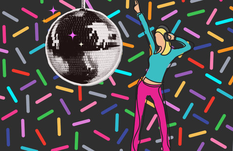 a drawing of a disco ball and a person wearing headphones and dancing