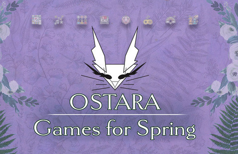 Graphic logo of rabbit and flowers with event text for Ostara Games for Spring