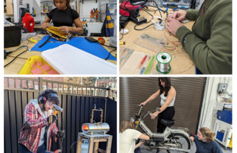 Photos of sewing, soldering, metalwork, and bike repair