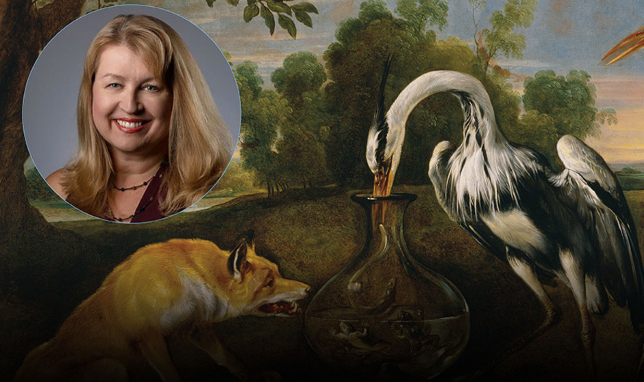 Brenda Tremblay in a circle over MAG's painting "The Fox and the Heron."