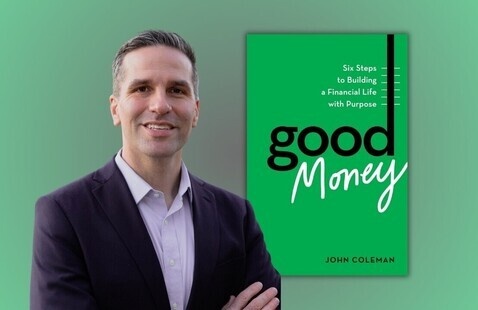 Author on the left. Book cover "Good Money" on the right.