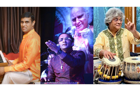 Composite image of performers Pandit Gautam Kishore Kale, Shri Sarang Sudhanshu Kulkarni, Pandit Ashis Sengupta