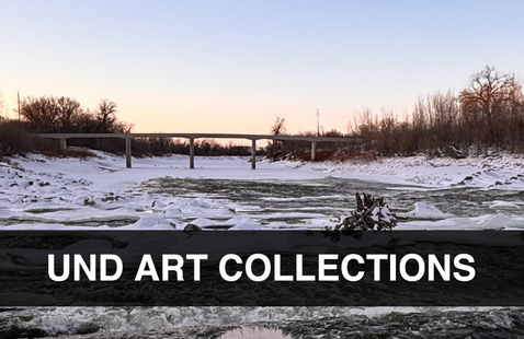 Frozen river at twilight with bridge in background, text: UND art collections
