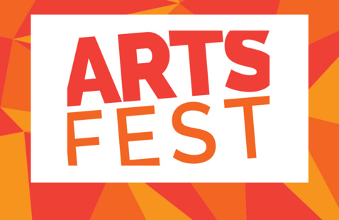 Arts Fest logo in a red geometric frame