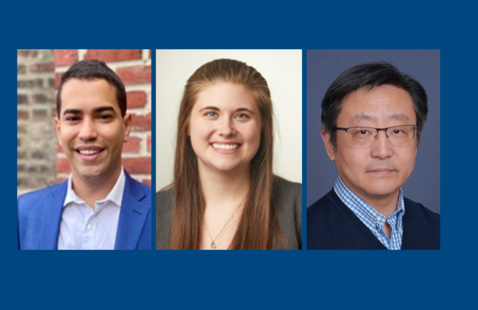 Portraits in a row against a blue background: man in blue suit, woman with long hair and smile, man in glasses with dark hair and dark blue sweater