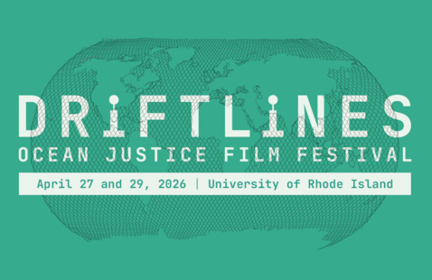 The words "Driftlines Ocean Justice Film Festival" are centered in stylized white text. The words overlay an image of the globe created out of torn nets, all against a teal background.