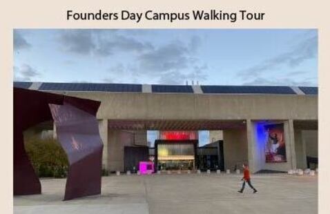 Umass Fine Arts center. Text: Founders Day Campus walking tour"