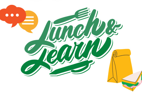 A white background with the text "Lunch & Learn" in green font. A paper bag and sandwich are in the lower-right corner of the screen, and a pair of speech bubbles in the upper left corner.