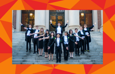 Arts The Din & Tonics pose in formal black-and-white concert attire on the steps of Widener Library, in a red geometric frame