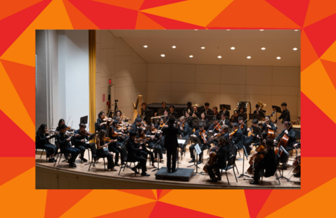 Mozart Society Orchestra performs in Paine Hall, in a red geometric frame