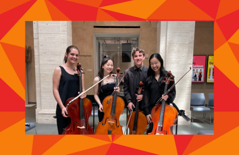 ArtsThe River West Quintet poses with their cellos in the courtyard of the Harvard Art Museums, in a red geometric frame