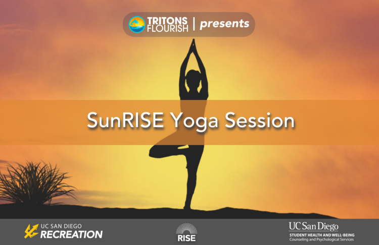 Graphic for a program titled SunRISE Yoga Session, showing a person balancing in a tree pose against a bright orange sunrise. A centered banner displays the program title, and organizational logos appear along the top and bottom.