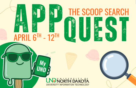 Illustration of popsicle wearing sunglasses, holding phone, with text: App quest, the scoop search, April 6-12 