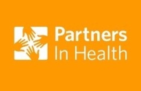 The photo is of the Partners in Health logo, which features a bright orange background. The symbol for the organization is a grouping of four orange hands within a white square. 