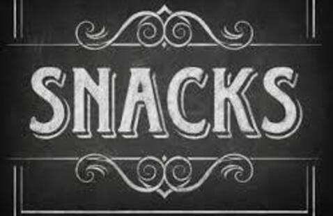 a snack logo. black background with white font