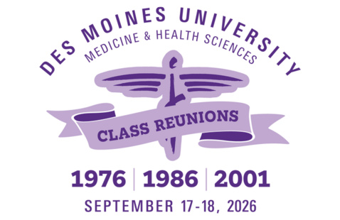 Logo and event details for DMU’s 2026 Alumni Reunion