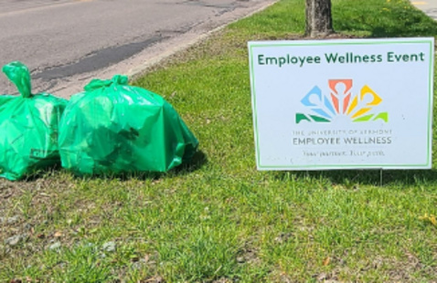 sign on road with green up bags 