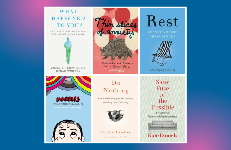 Decorative blue background with magenta color bursts; six book covers in a two row grid arraganged at center. 
