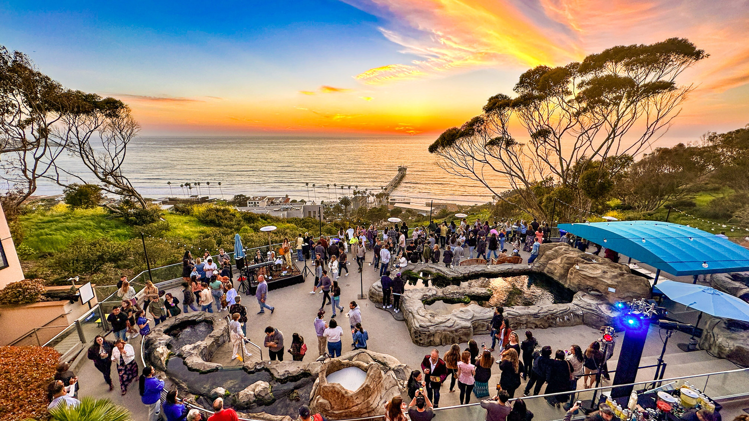 sunset view as seen from Preuss Tide Pool Plaza, overlooking Scripps Pier