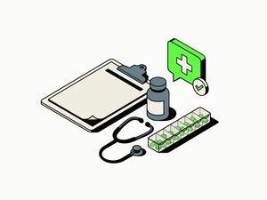 A digitally illustrated image showing a collection of items from an above angle - a clipboard, stethoscope, pill bottle, pill organizer (with pills). Floating to the side and above the items is a green 'chat' icon with a plus sign in the middle of it, with a tiny checkmark icon in its lower right corner.