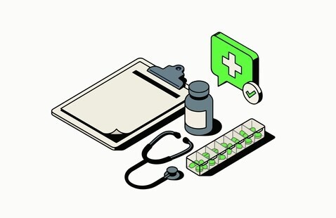 A digitally illustrated image showing a collection of items from an above angle - a clipboard, stethoscope, pill bottle, pill organizer (with pills). Floating to the side and above the items is a green 'chat' icon with a plus sign in the middle of it, with a tiny checkmark icon in its lower right corner.