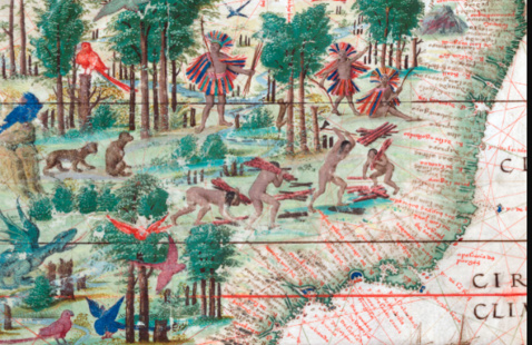 Historic map of the world including depiction of indigenous peoples.