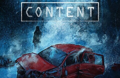 The title "Content" floats in mist above a crashed red car with a silhouetted woman's figure stands behind it in the mist and darkness.
