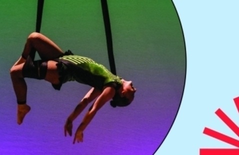 Aerialist dancer performing in green and purple light; photo in circle over blue background with red spark.