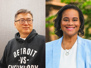 Curtis Chin appears with his profile turned to the side. He is wearing a Black hoodie (Detroit vs. Everybody). Danielle Holley is wearing a blue blazer and white shirt. She is smiling and facing the camera.