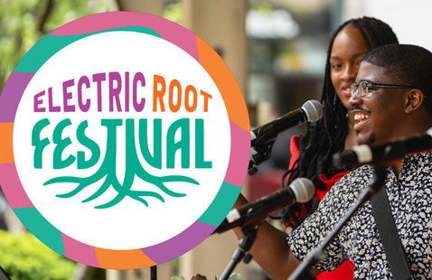 The Electric Root Festival logo over a picture of 2 college age black people singing into microphones