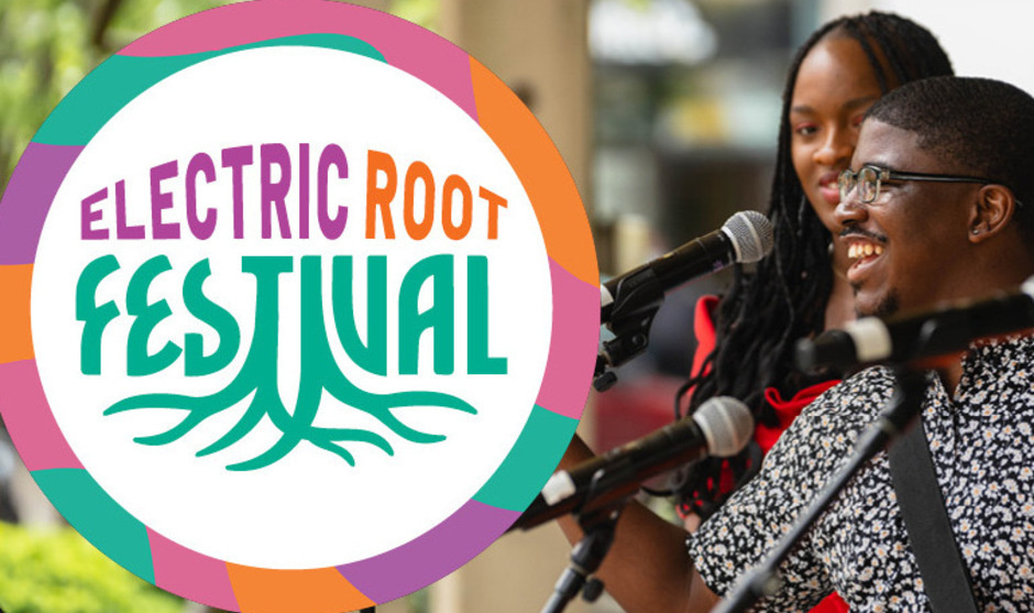 The Electric Root Festival logo over a picture of 2 college age black people singing into microphones