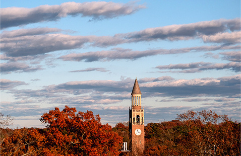 Exterior day photo of the Bell Tower on U.N.C. campus.