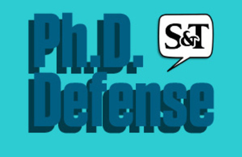 Graphic with the words 'Ph.D. Defense' in large blue text and an 'S&T' speech bubble logo on a turquoise background