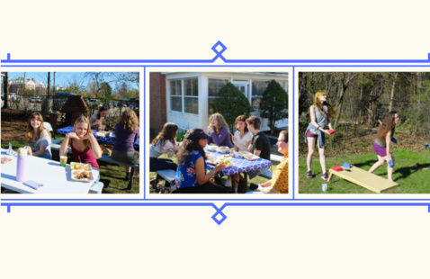Three photos show students gathered outdoors on a sunny day at the WAGE Center. In the first image, students sit at a picnic table smiling and eating together. In the second, a group enjoys food and conversation around another table near a building. In the third, two students play cornhole on the grass, with trees in the background. The images highlight a relaxed, social atmosphere with students connecting, eating, and enjoying activities outside.