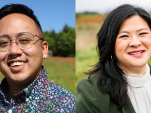 Two profile images of our two speakers, Gabe Andres Hall in a colorful floral button-up shirt and Amanda Wong who is wearing a green blazer and white shirt.
