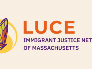 Butterfly in a golden circle with the following text, "LUCE Immigrant Justice Network of Massachusetts".
