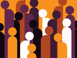 Multiple lines and circles, to represent people, in orange, brown, purple and black with an orange background.