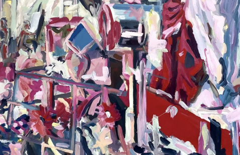 An abstract acrylic painting called "Busy Life" that features a beautifully chaotic scene of strokes in reds, pinks, whites, and purples.
