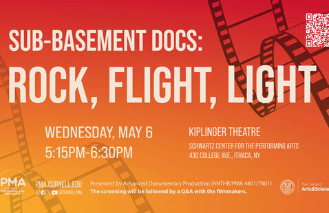 Film reels on an orange gradient background. Poster text same as event listing.