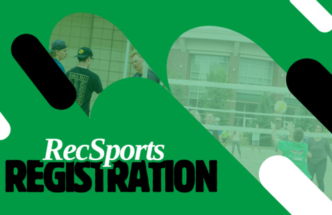 Green background with images of wellness center activities, foreground text: rec sports registration