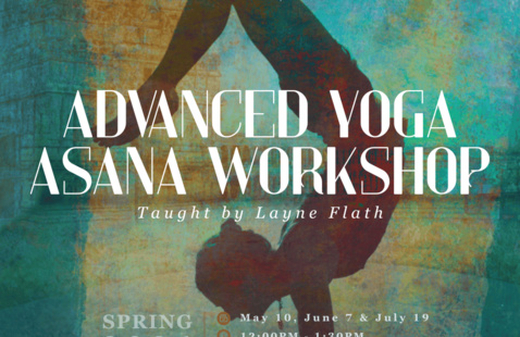 yoga asana in background with text about class in front